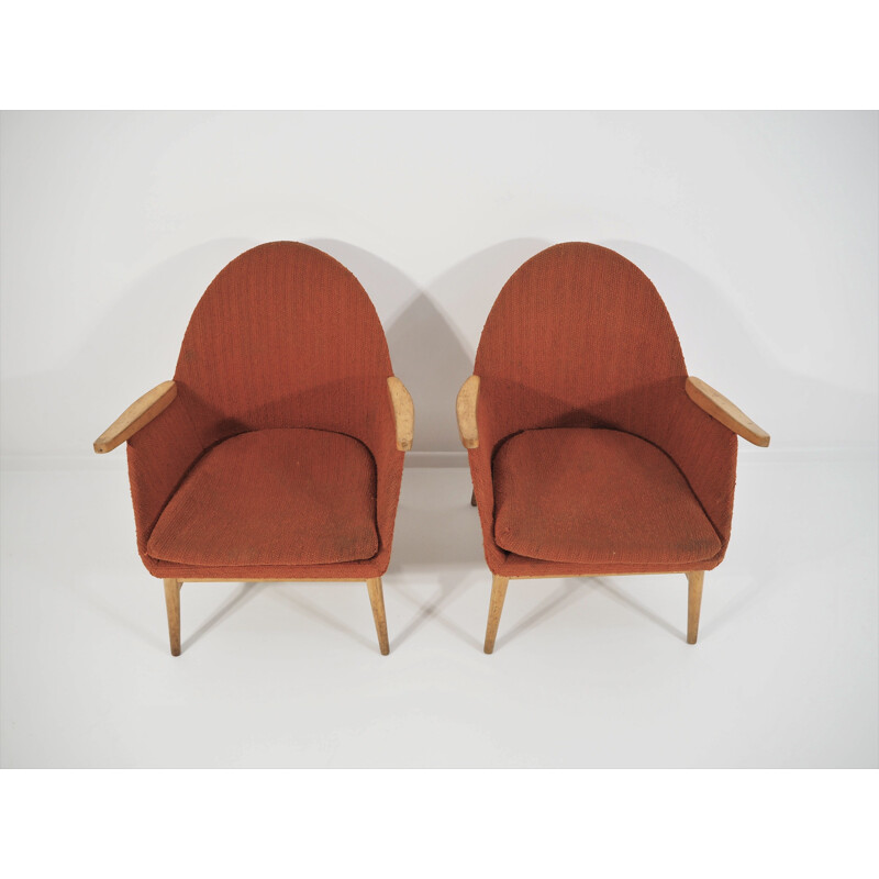 Pair of Vintage red Beechwood armchairs 1970