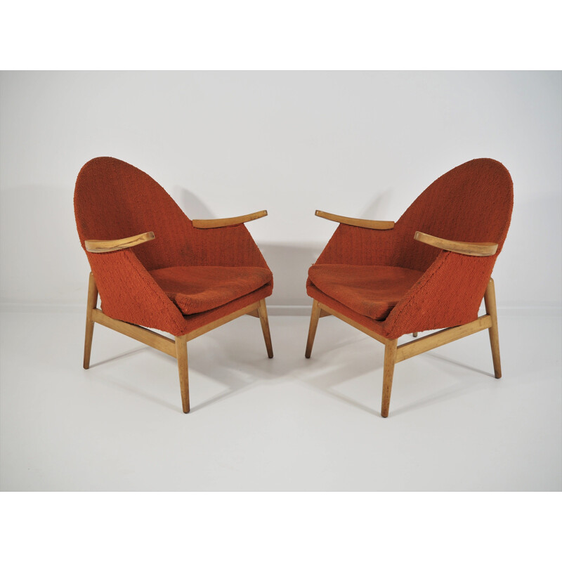 Pair of Vintage red Beechwood armchairs 1970