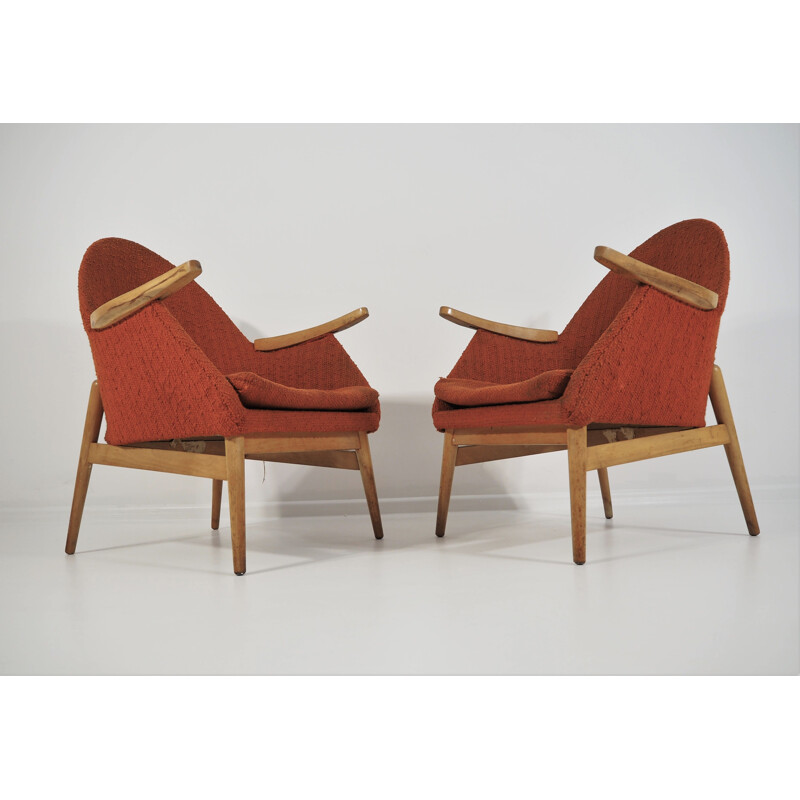 Pair of Vintage red Beechwood armchairs 1970