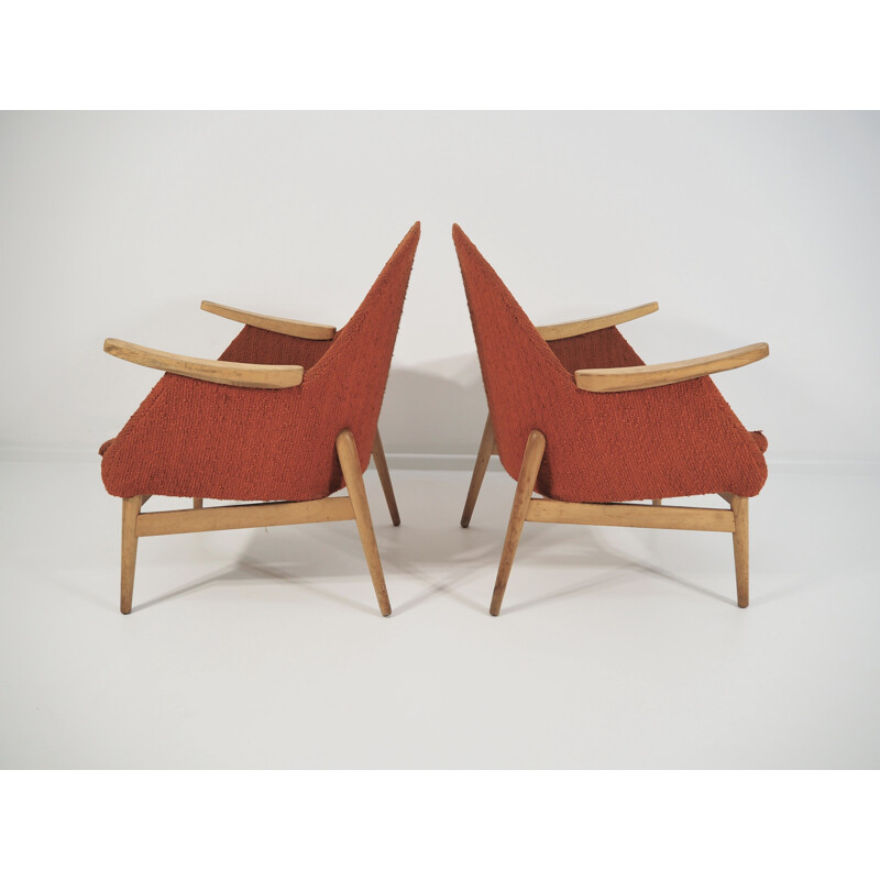 Pair of Vintage red Beechwood armchairs 1970