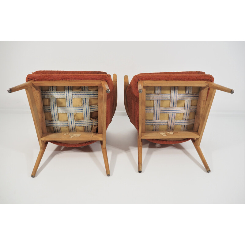 Pair of Vintage red Beechwood armchairs 1970