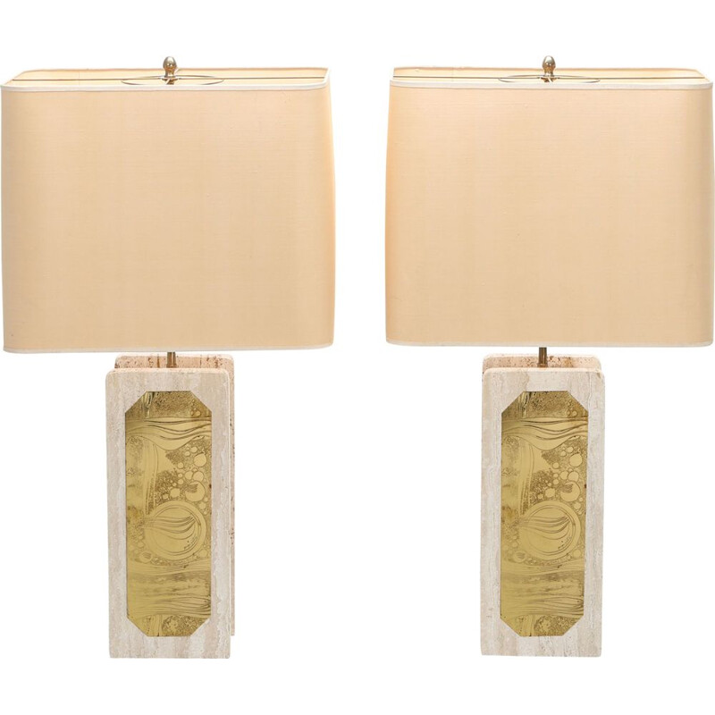 Pair of vintage brass and travertine lamps by George Matthias 1970s