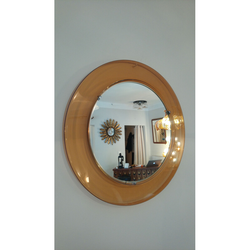 Vintage large round smoked plexi mirror, 1970