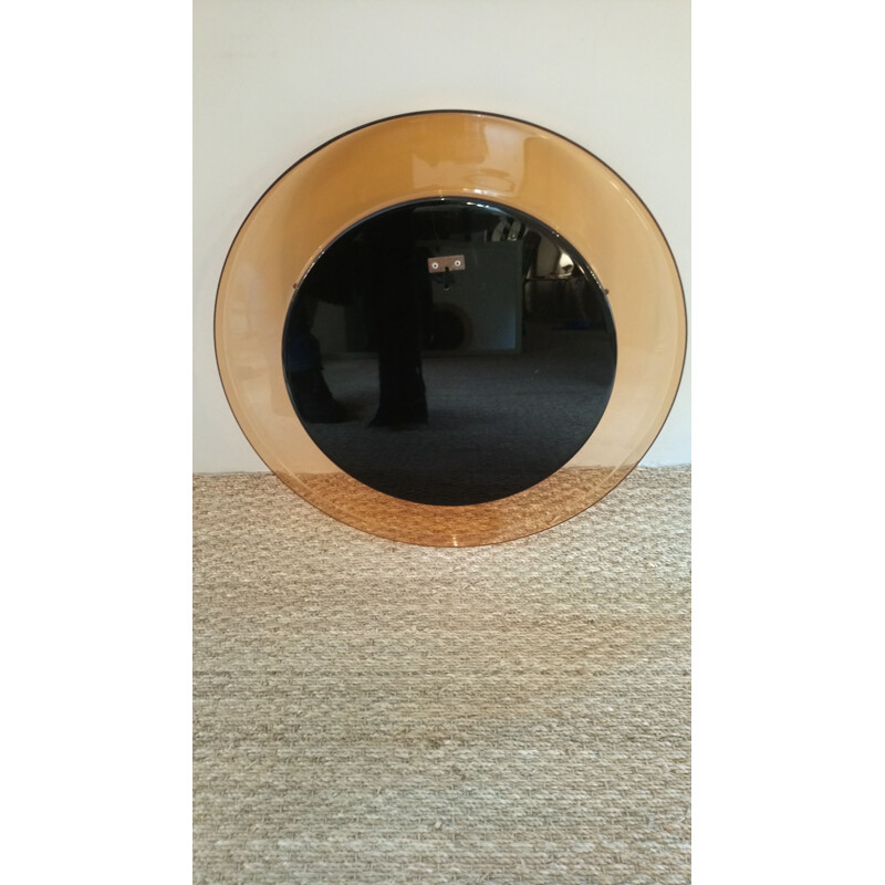 Vintage large round smoked plexi mirror, 1970