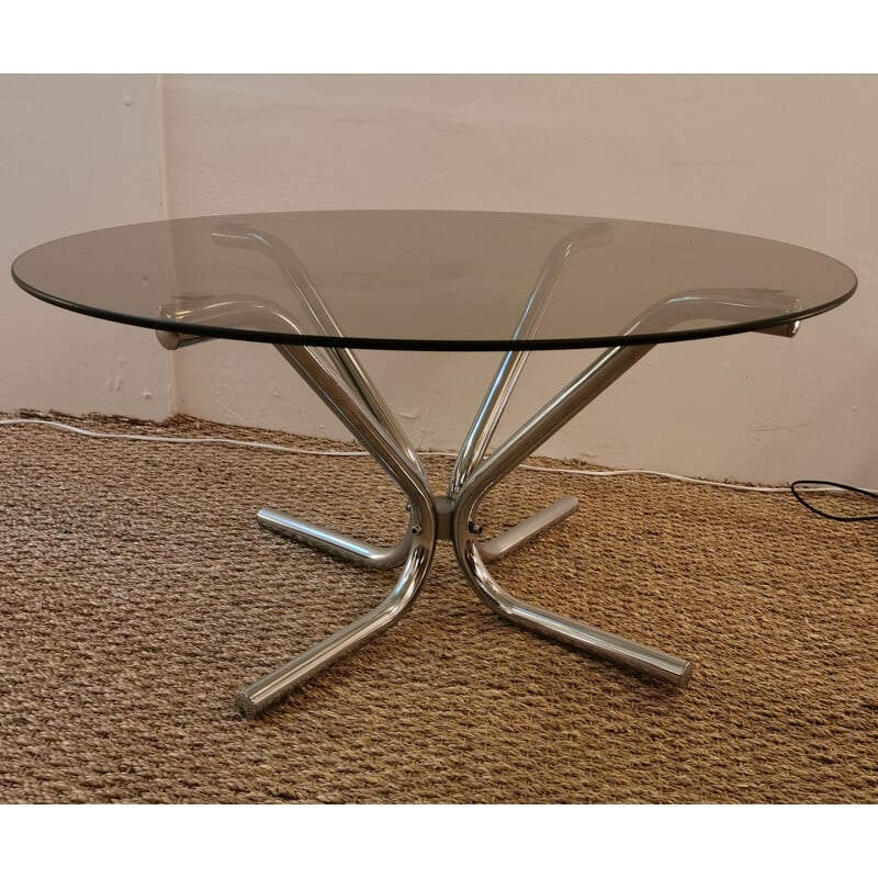 Vintage coffee table in chrome and smoked glass 1970
