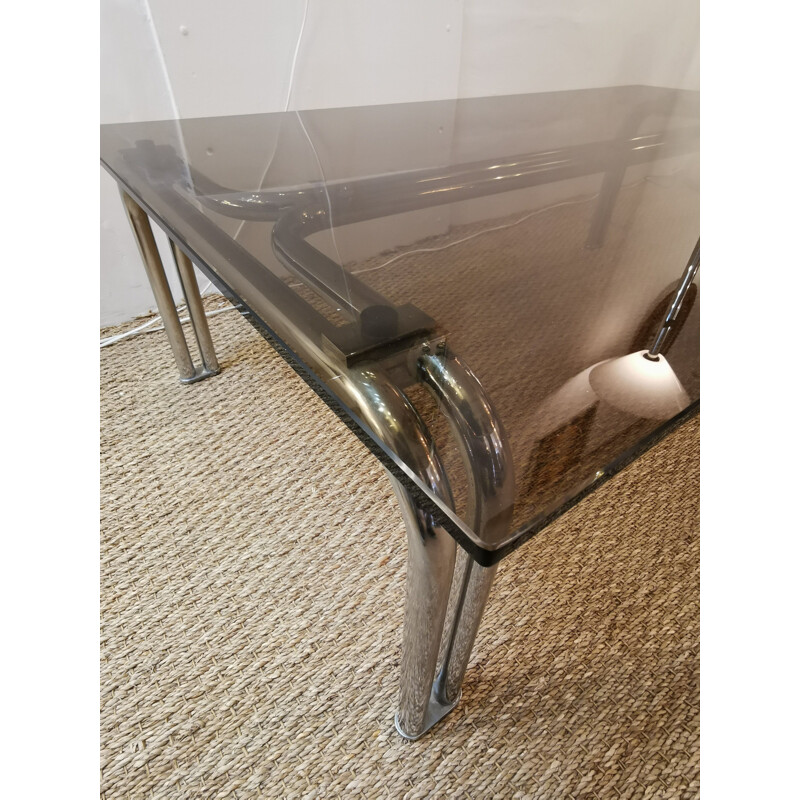 Large vintage coffee table in chrome and brown smoked glass, 1970s