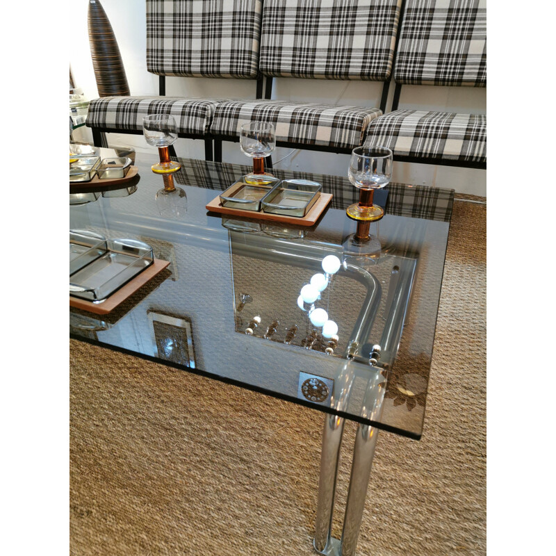 Grande table basse vintage en chrome et verre fumé marron 1970