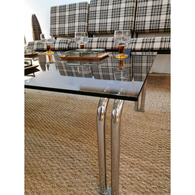 Grande table basse vintage en chrome et verre fumé marron 1970