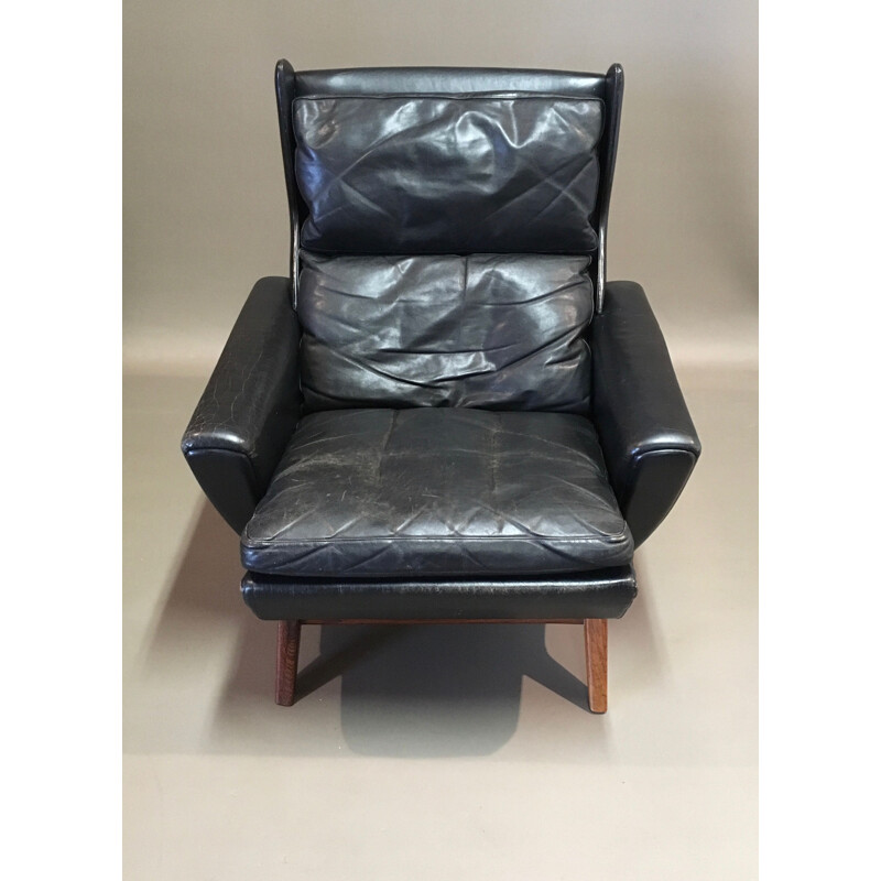 Vintage scandinavian armchair in rosewood and black leather 1950s