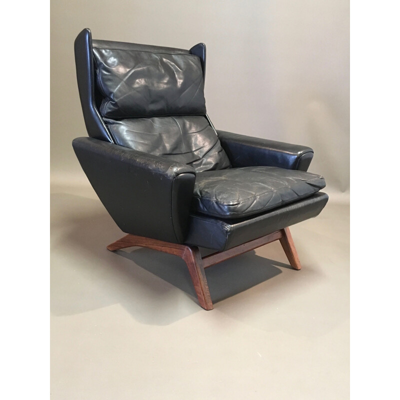 Vintage scandinavian armchair in rosewood and black leather 1950s