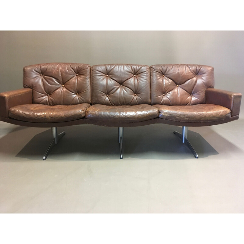 Vintage 3-seater leather and chrome sofa 1950