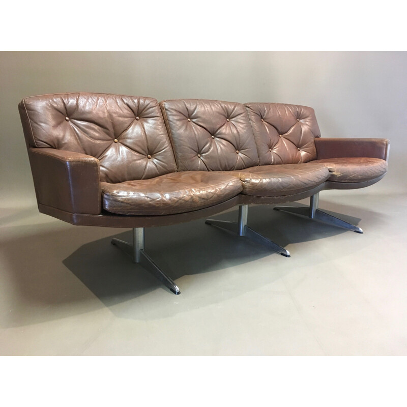 Vintage 3-seater leather and chrome sofa 1950