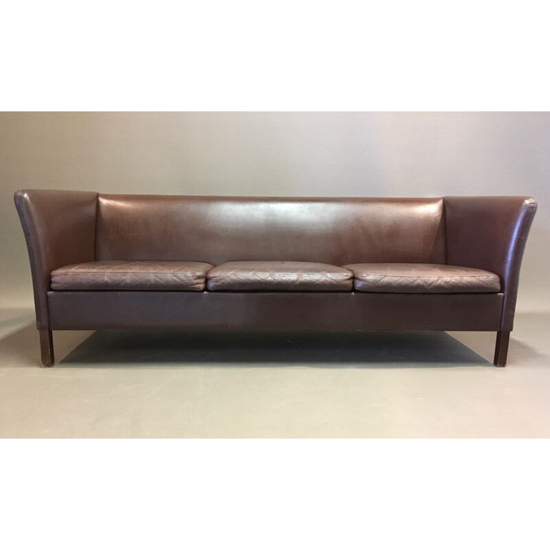 Brown leather 3 seater Scandinavian vintage leather sofa 1960