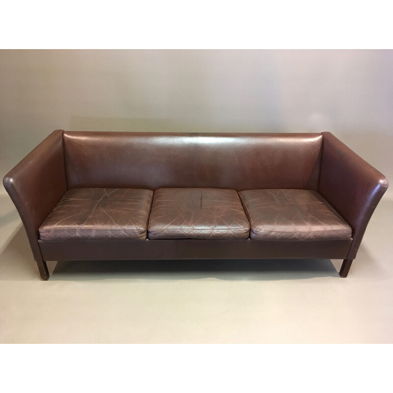 Brown leather 3 seater Scandinavian vintage leather sofa 1960
