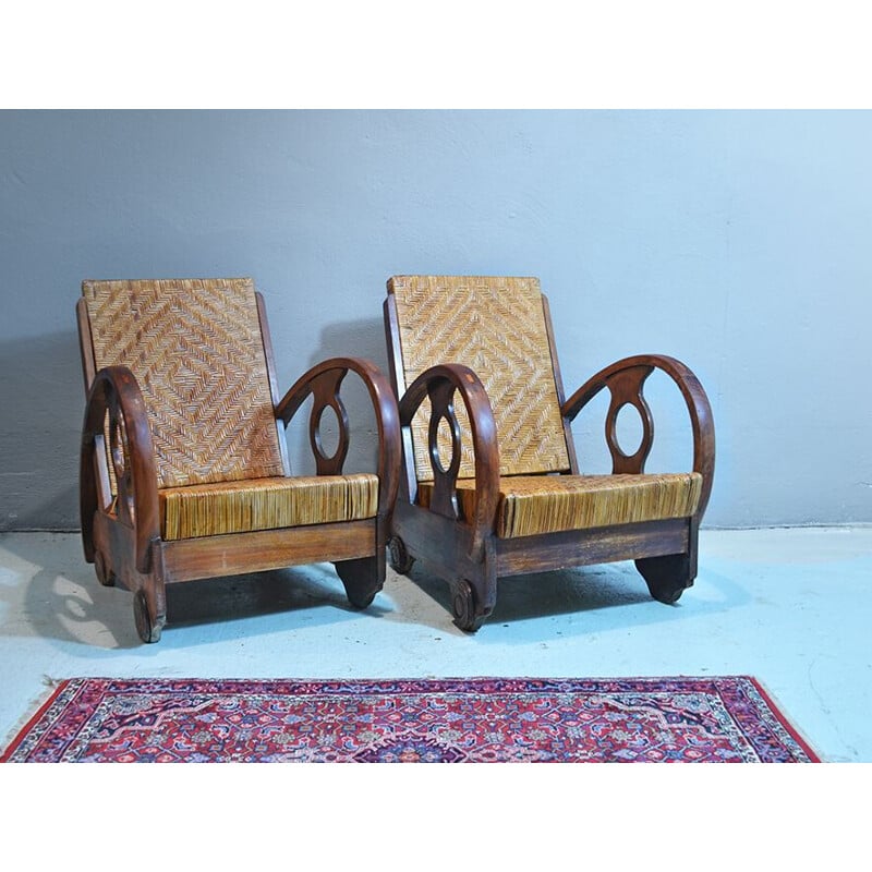 Paire de fauteuils At Deco en teck et rotin