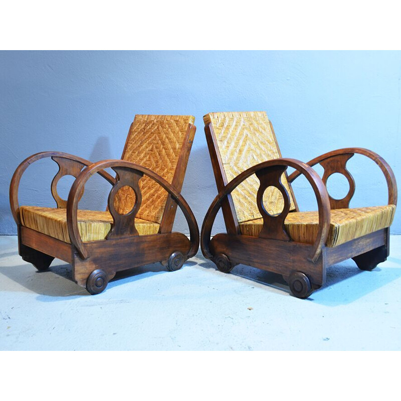 Pair of At Deco Dutch Teak And Rattan Armchairs
