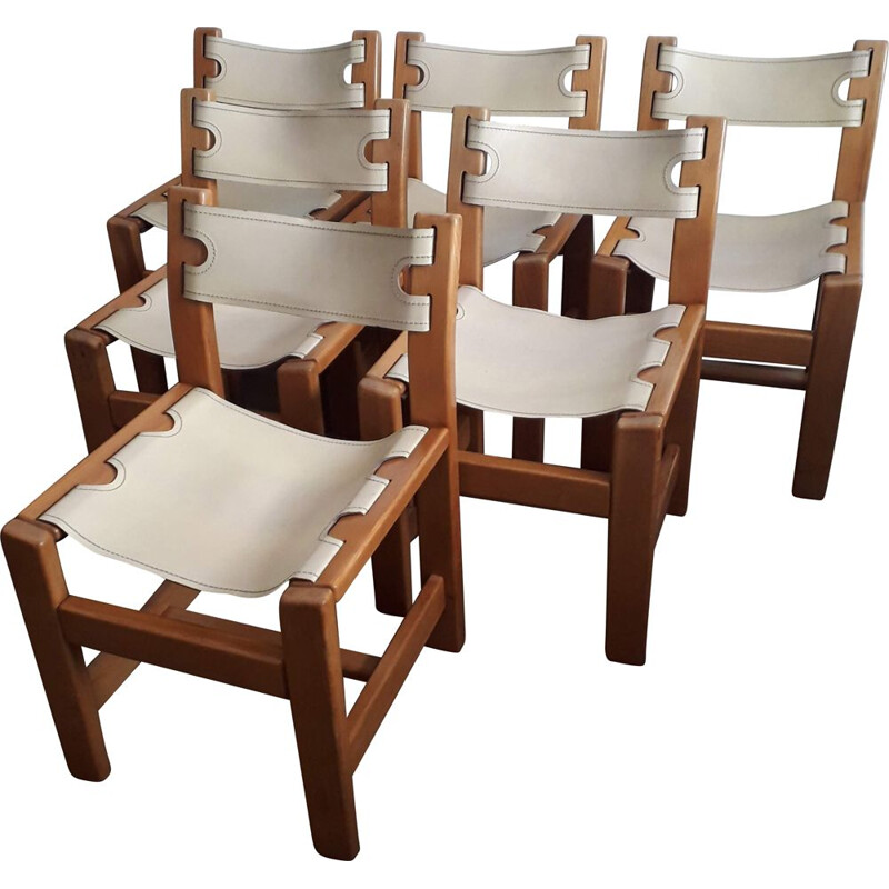 Suite de 6 chaises par Maison Regain en orme massif et cuir