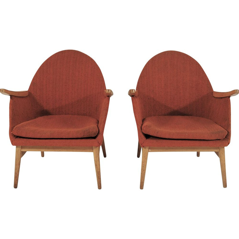 Paire de fauteuils rouge Vintage en hêtre 1970