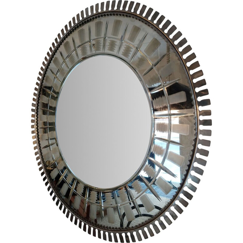 Large vintage mirror in chiselled and bevelled metal 1960