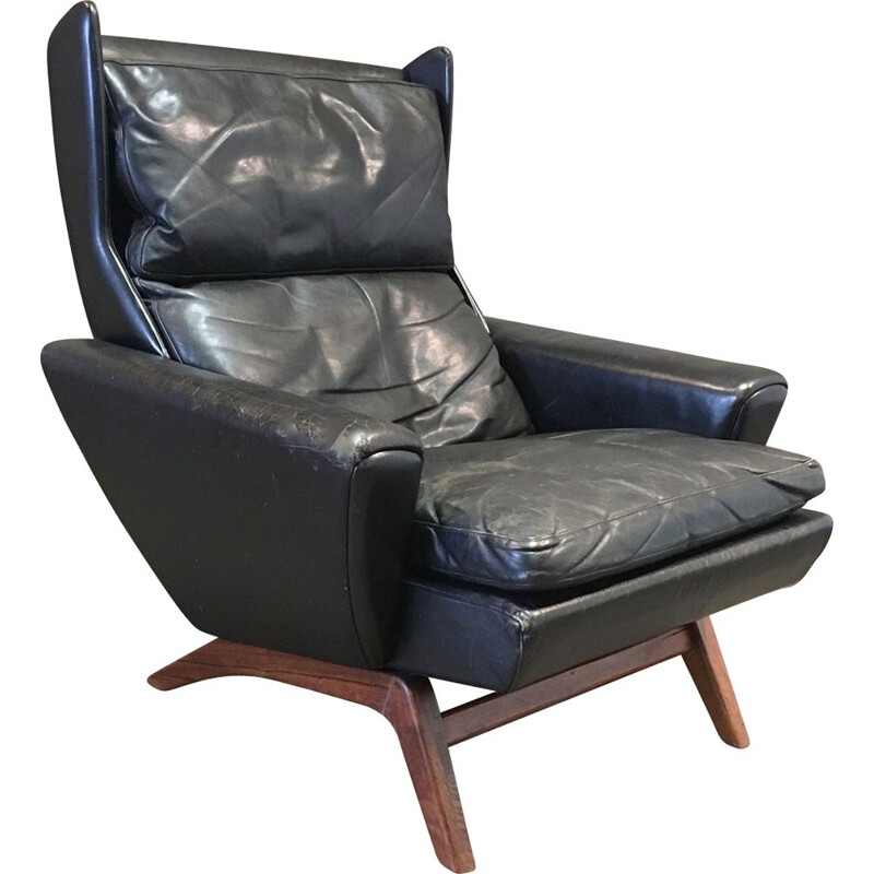 Vintage scandinavian armchair in rosewood and black leather 1950s