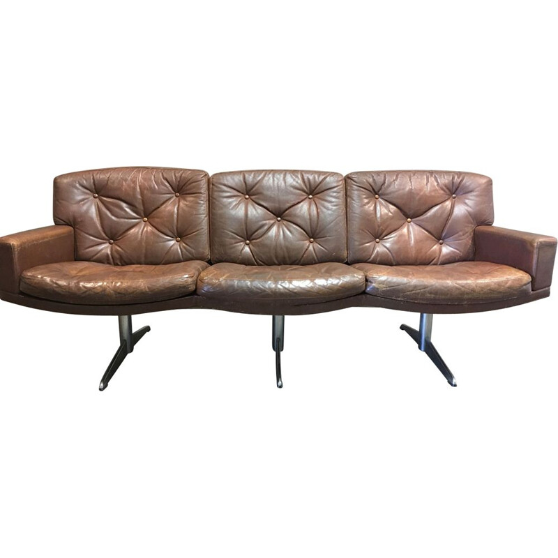 Vintage 3-seater leather and chrome sofa 1950