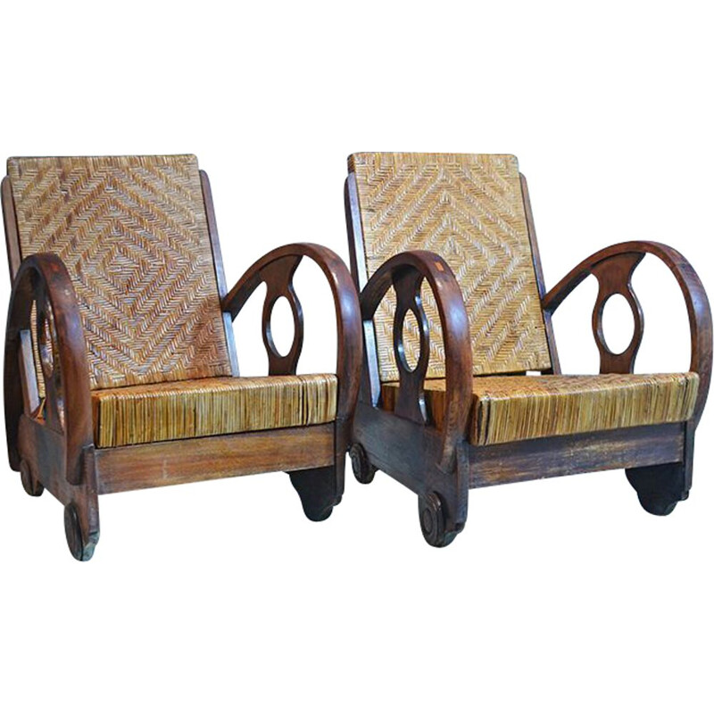 Pair of At Deco Dutch Teak And Rattan Armchairs