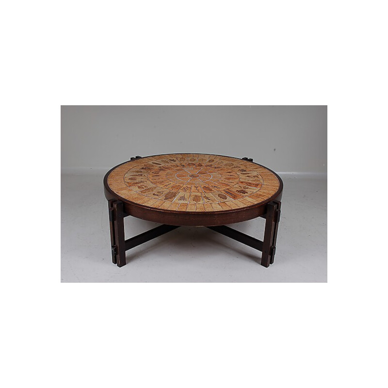 Table basse vintage française en bois et céramique, Roger CAPRON - 1960