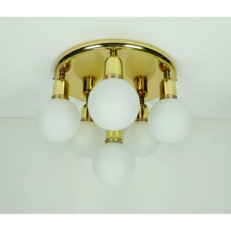 Vintage large round ceiling sputnik lamp in brass and satin glass 1970s