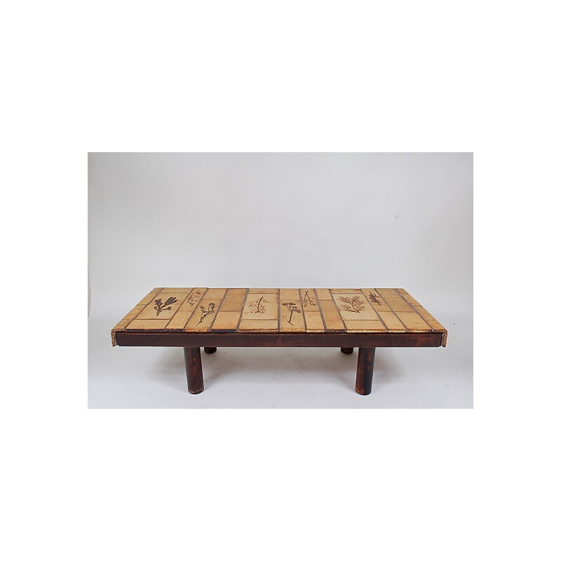 Vintage French coffee table in wood and tiles, Roger CAPRON - 1970s