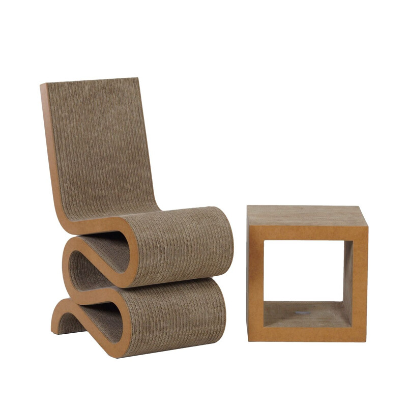 Vintage Wiggle Chair and Side Table by Frank O. Gehry for Vitra, 2000s