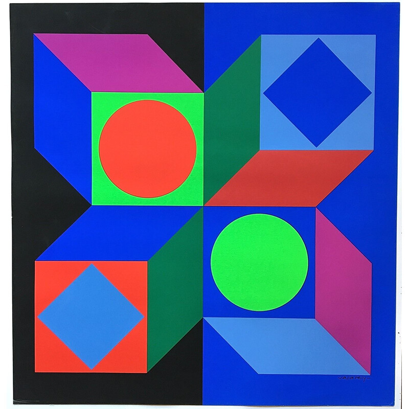 Vintage Victor Vasarely Op Art Silk Screen Print, 1968