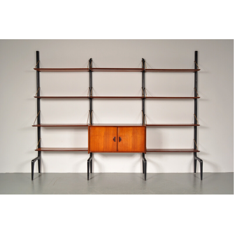 Modular wall unit in teak and brass, Louis van TEEFFELEN, 1950s