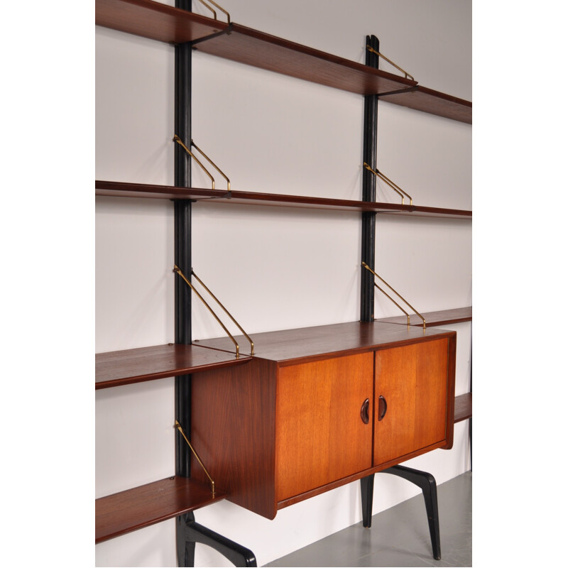 Modular wall unit in teak and brass, Louis van TEEFFELEN, 1950s