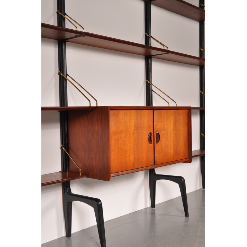 Modular wall unit in teak and brass, Louis van TEEFFELEN, 1950s