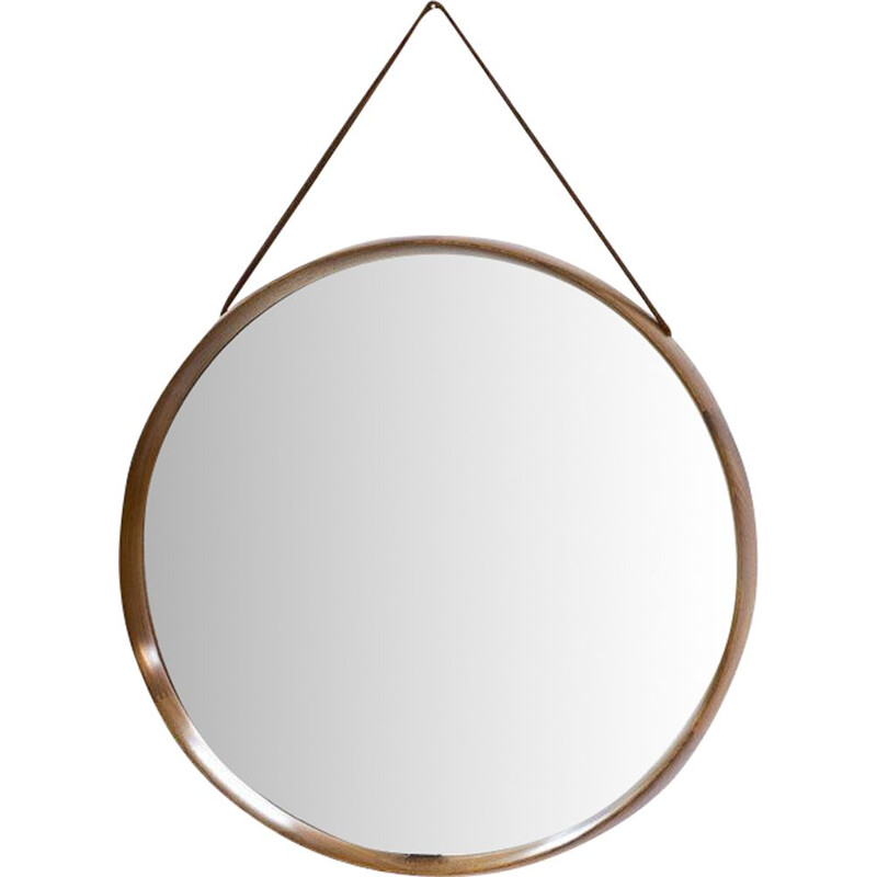 Vintage Teak Round Wall Mirror by Uno & Östen Kristiansson for Luxus