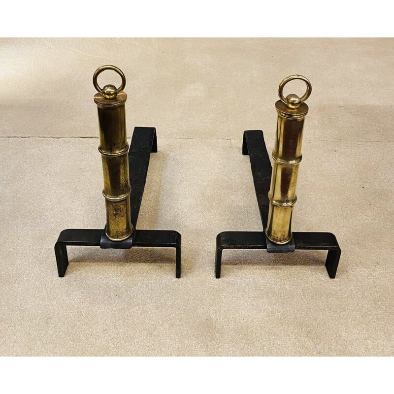 Vintage pair of andirons in brass and steel by Jacques Adnet 