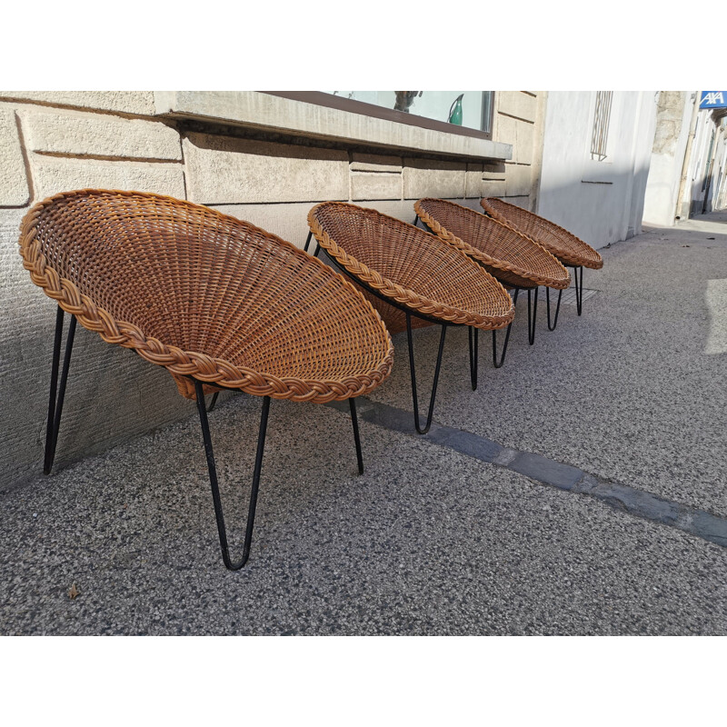 Suite de 4 fauteuils vintage "corbeille" en osier et métal 1960