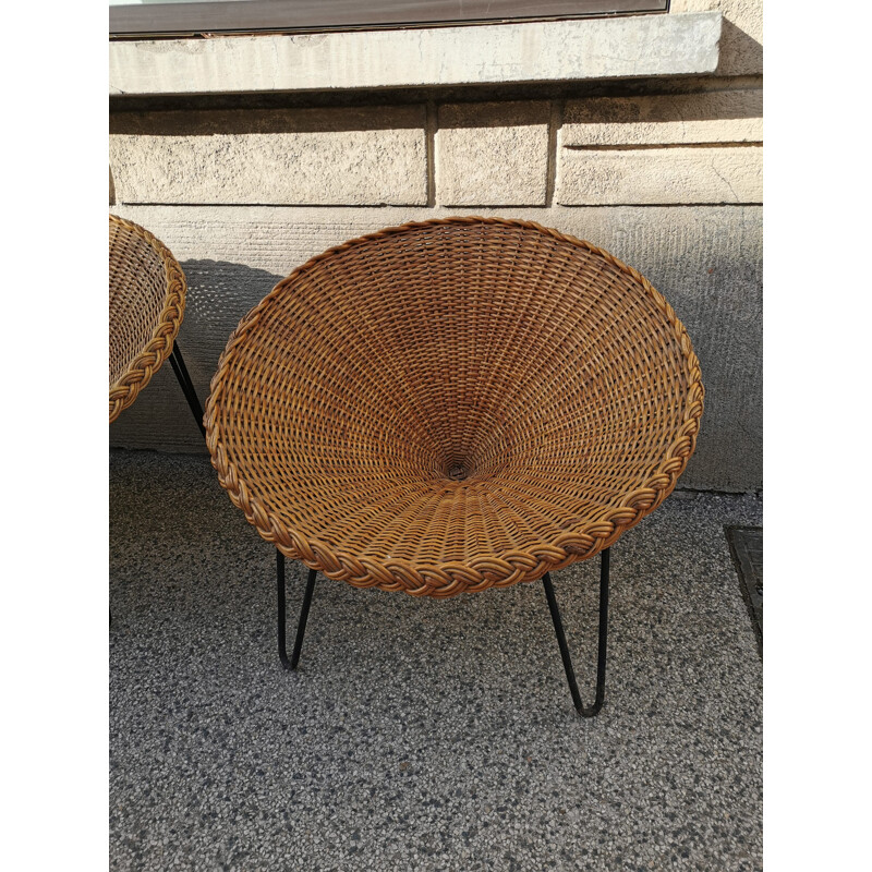 Suite of 4 vintage wicker and metal "basket" armchairs 1960