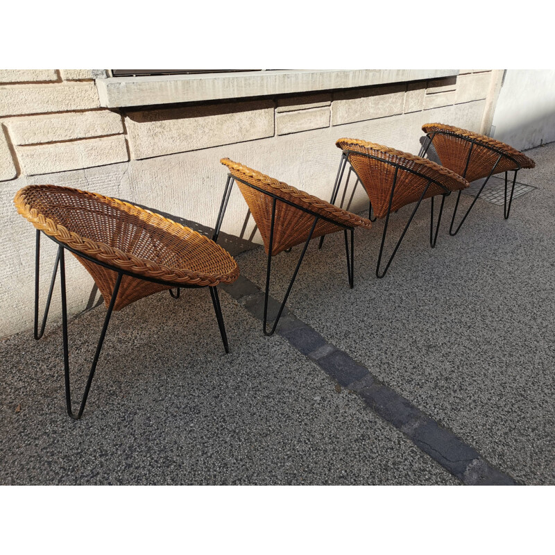 Suite of 4 vintage wicker and metal "basket" armchairs 1960