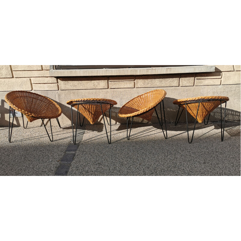 Suite de 4 fauteuils vintage "corbeille" en osier et métal 1960