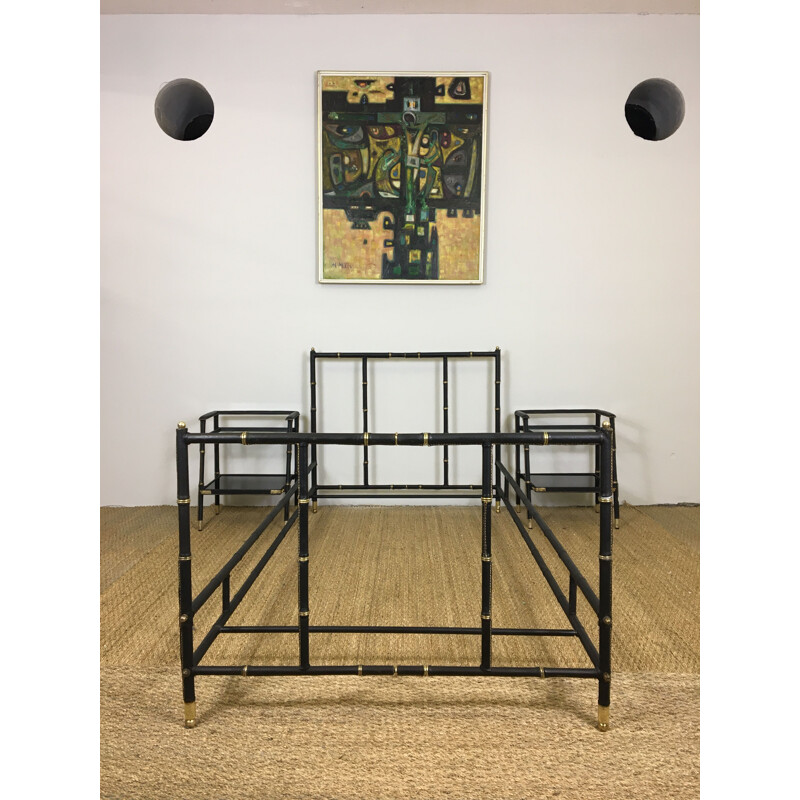  Vintage Bedroom set of 1 bed and pair of bedside tables by Jacques Adnet, 1965