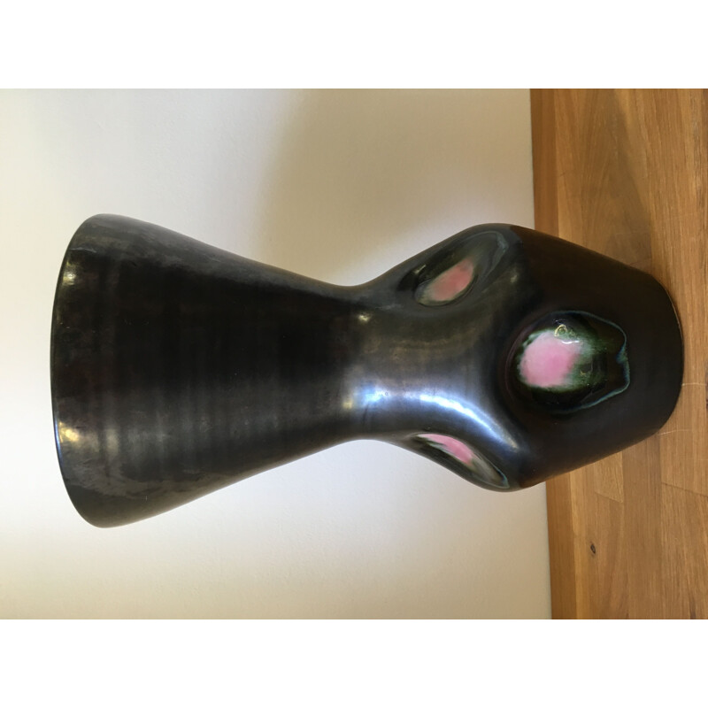 Vase vintage en céramique émaillée rose et noir