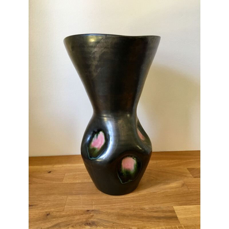 Vintage pink and black glazed ceramic vase