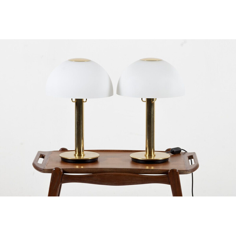 Pair of vintage brass and opaline glass table lamps from Limburg, 1970s