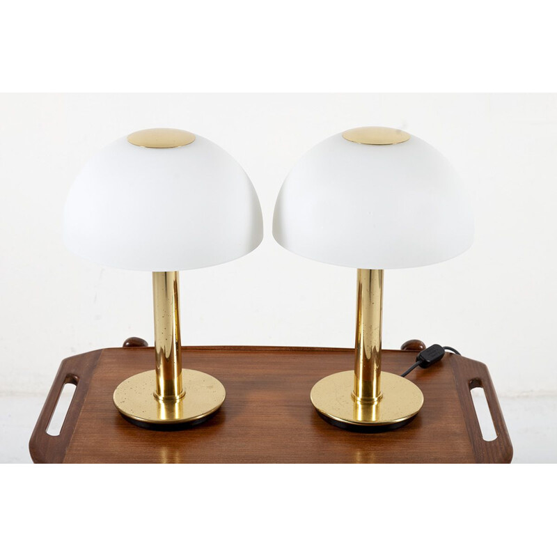 Pair of vintage brass and opaline glass table lamps from Limburg, 1970s