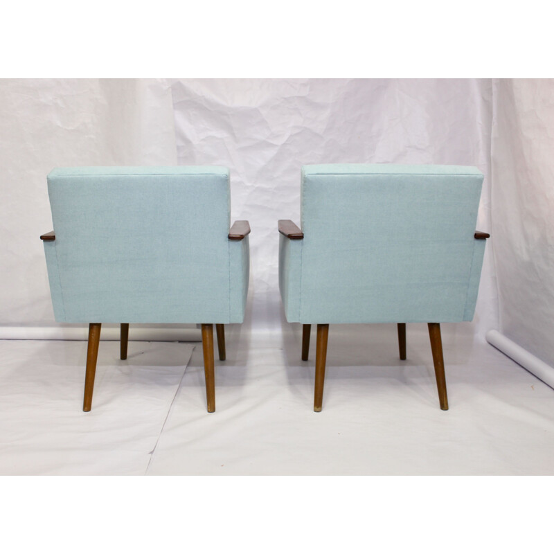 Paire de fauteuils vintage cube en tissu bleu clair 1960 