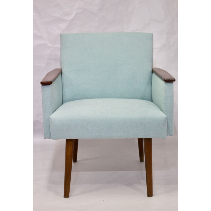 Paire de fauteuils cube tissu bleu claire année 1960 entièrement restaurée