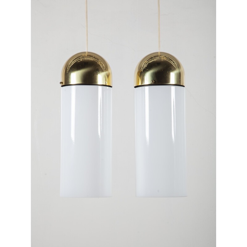 Pair of vintage glass and brass pendant lamps by Limburg, Germany 1980
