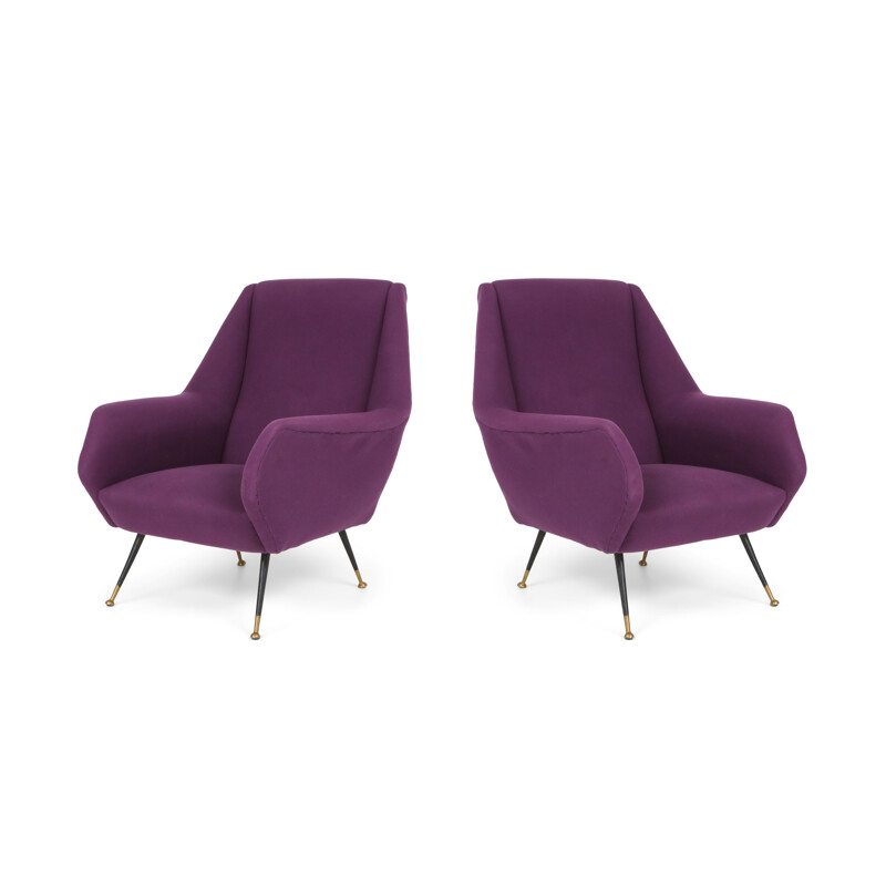Pair of vintage armchairs with purple cover, Italy 1950