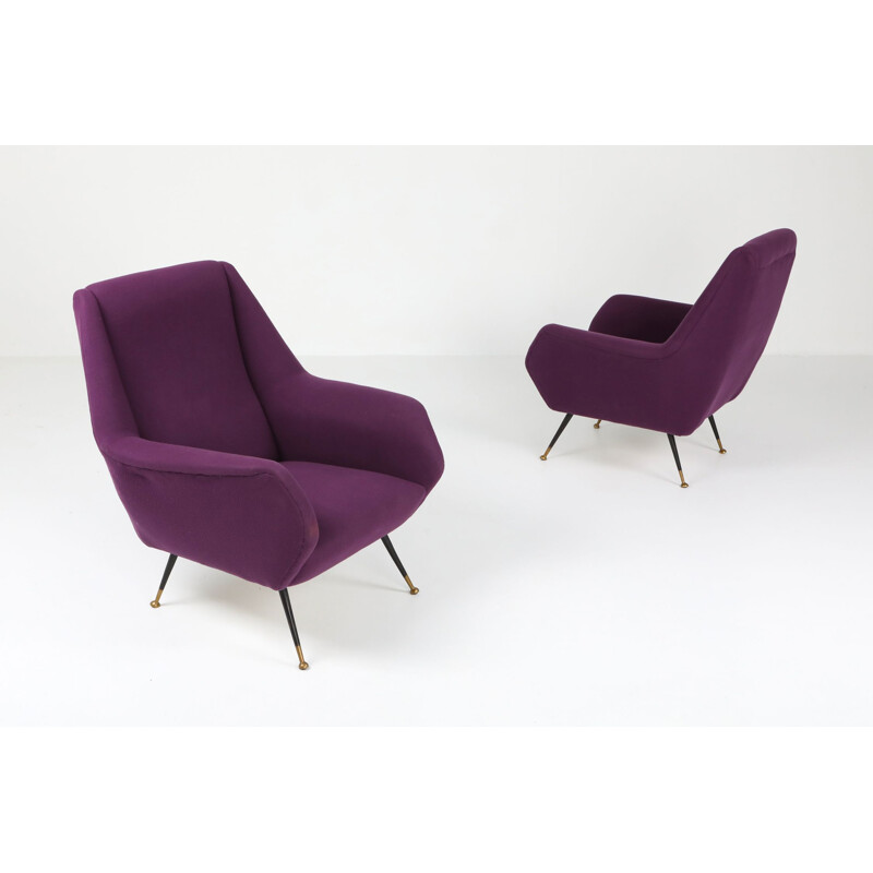 Pair of vintage armchairs with purple cover, Italy 1950